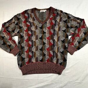 Vintage 80s 90s St Croix Knits Men V Neck Sweater Abstract Geometric Size Small
